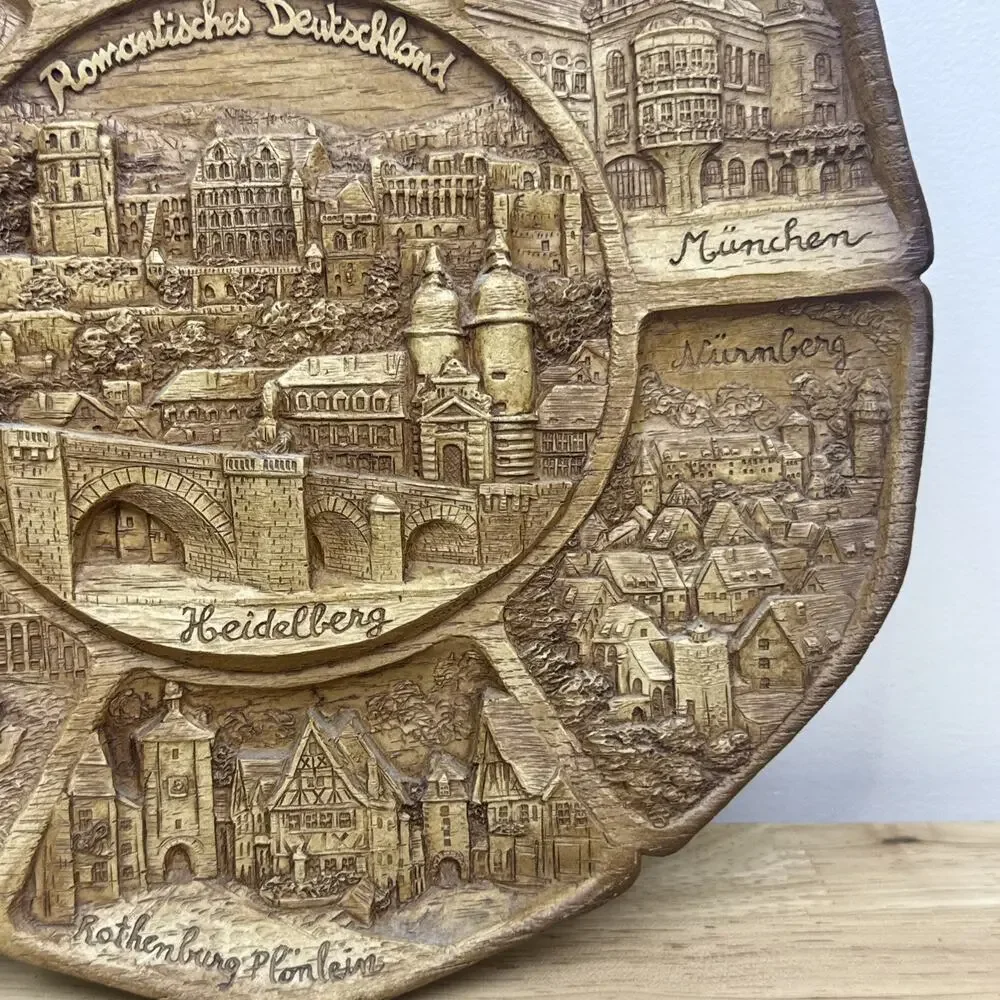 Vintage Heidelberg German Romantische Deutschland Hand Carved Wooden Plate 9.5”